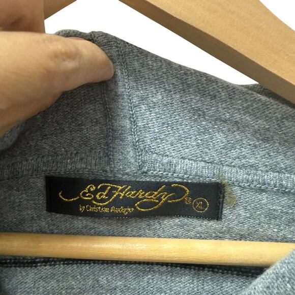 NWT Ed Hardy Mens Patch Knitted Striped Zip Up Hoodie‎ Sweater Gray Size XL - Picture 5 of 10